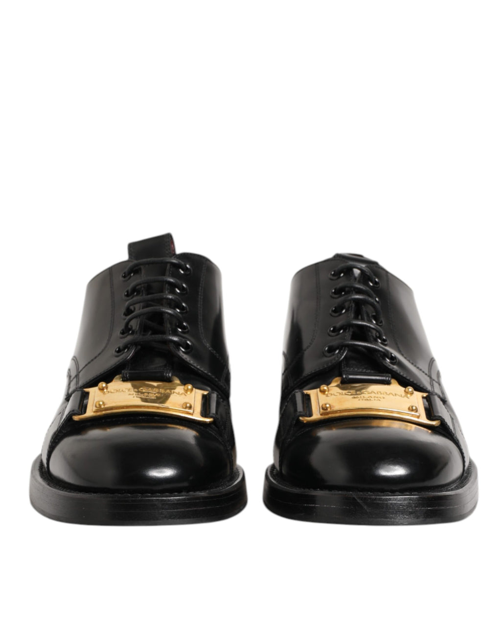 Black Leather Dress Lace Up Logo Plaque Shoes