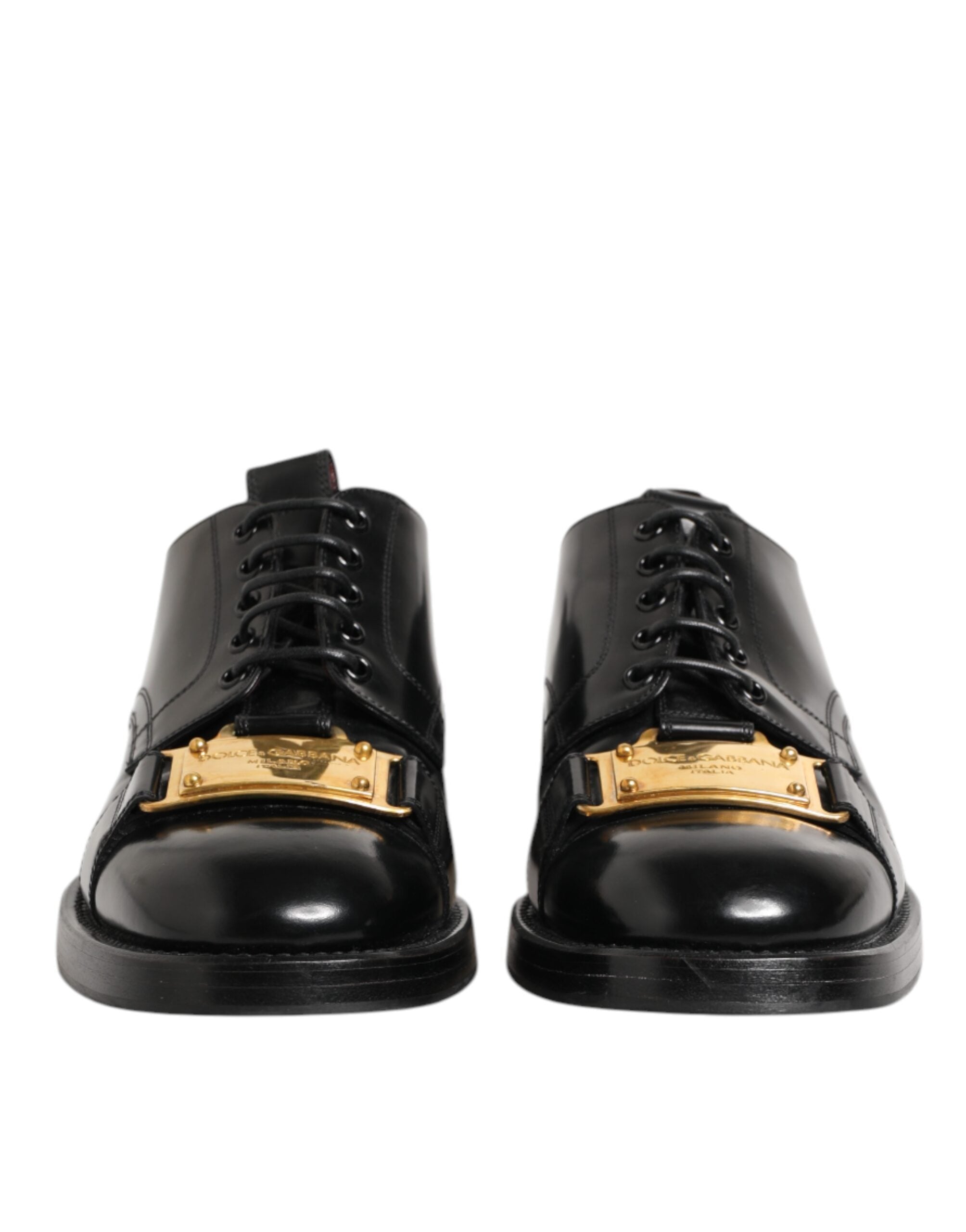 Black Leather Dress Lace Up Logo Plaque Shoes