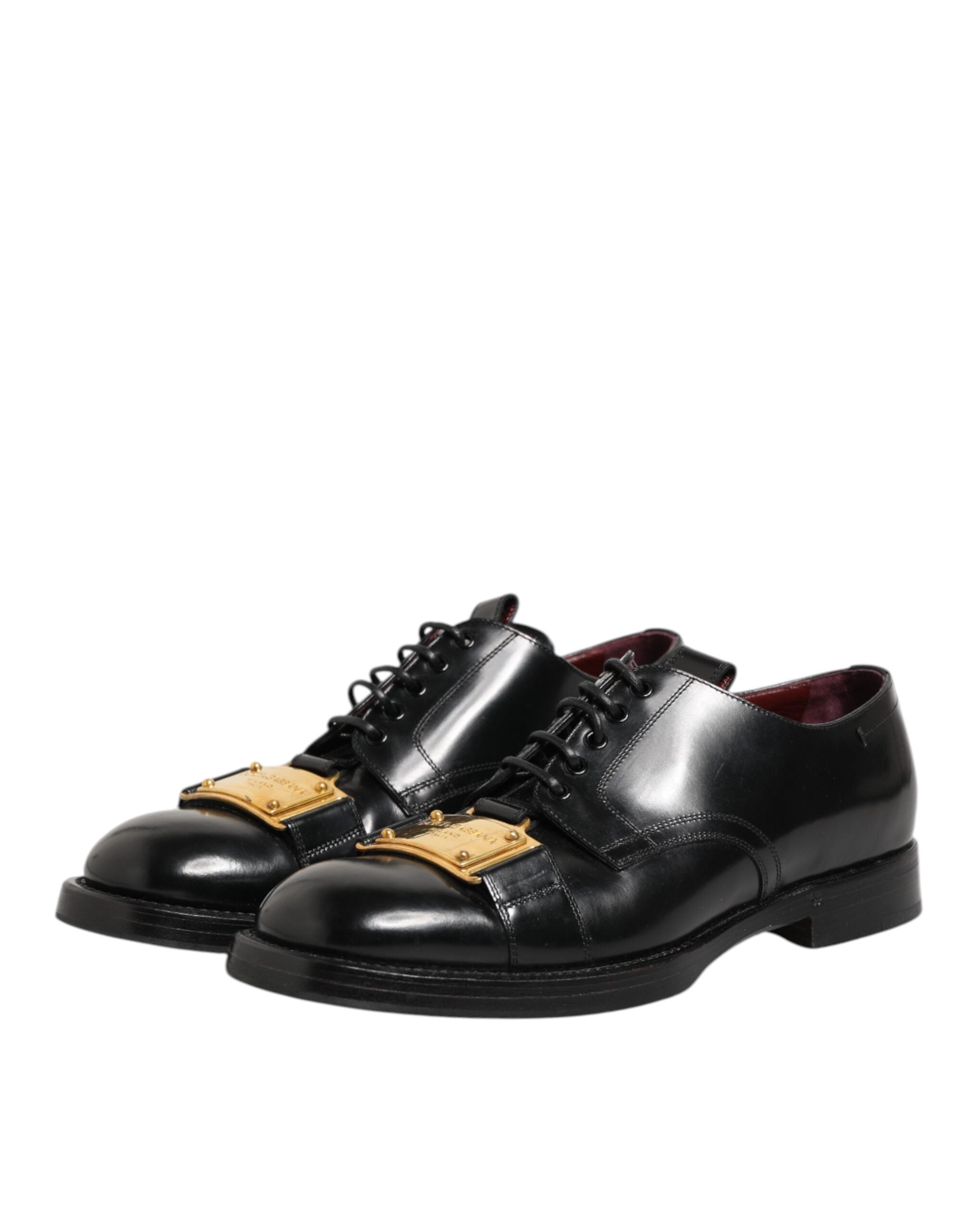 Black Leather Dress Lace Up Logo Plaque Shoes