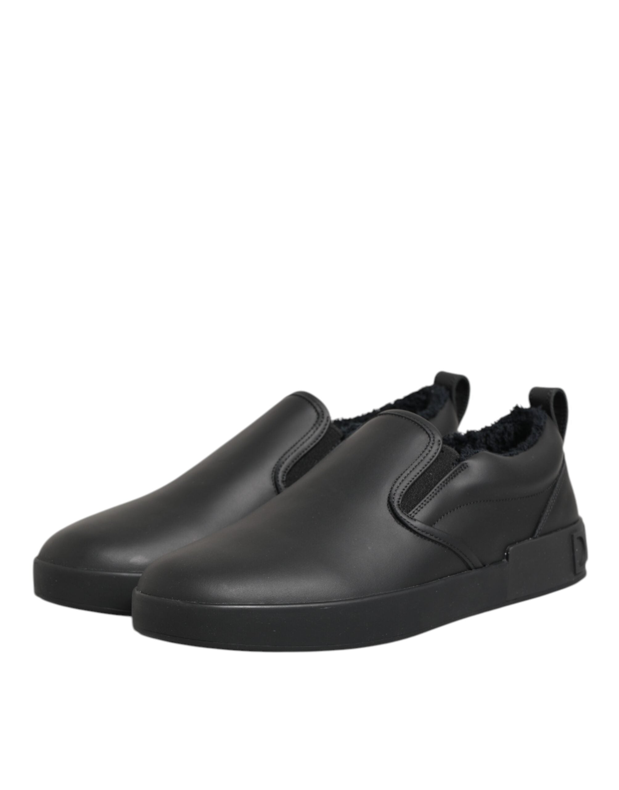Black Leather Low Top Slip On Sneakers Shoes